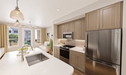 Kitchen and living area in a 3-bedroom apartment at Bevelo Larkspur