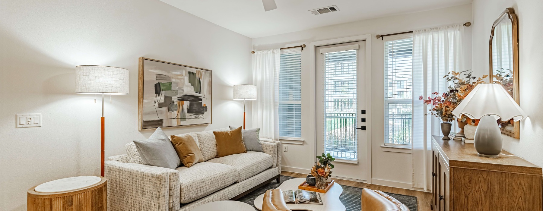 3-bedroom apartment living room at Bevelo Larkspur in Leander, TX