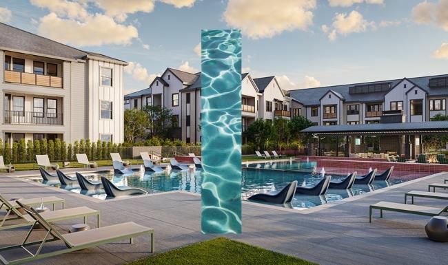 pool with lounge chairs in water