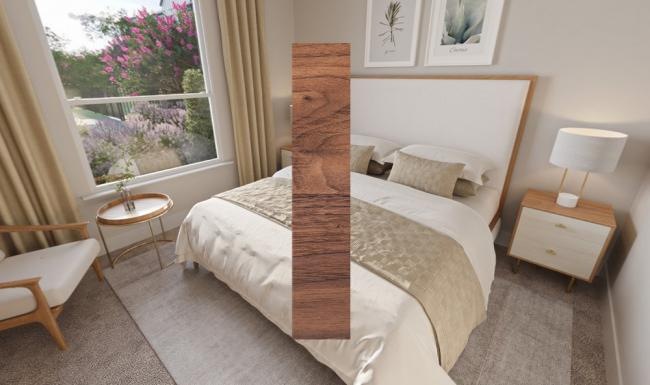 a bed with a wooden headboard